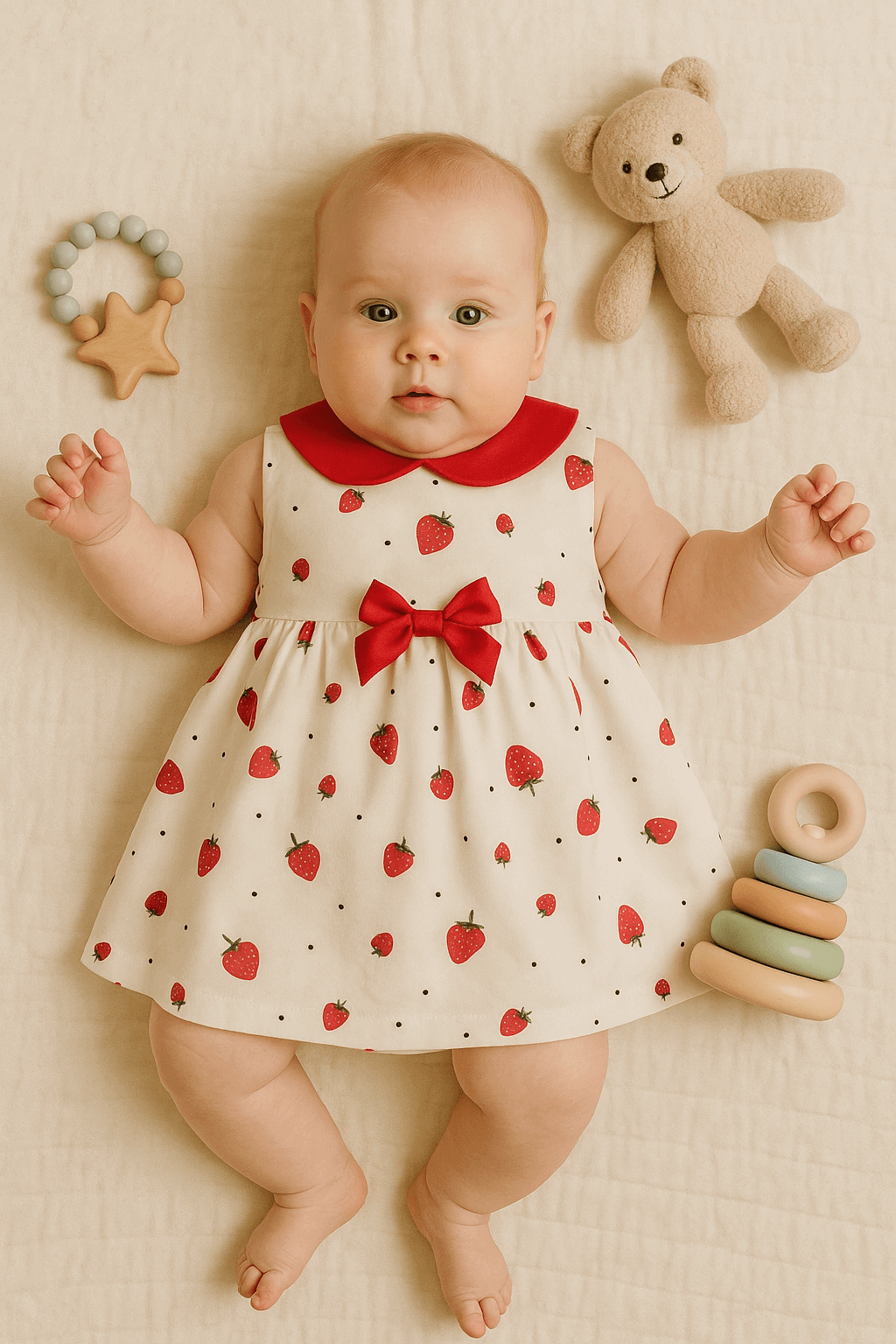 Babies Strawberry Print Bow Dress