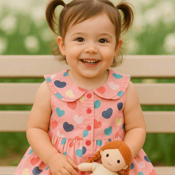 Child in a pink dress with heart pattern holding a doll on a bench outdoors.