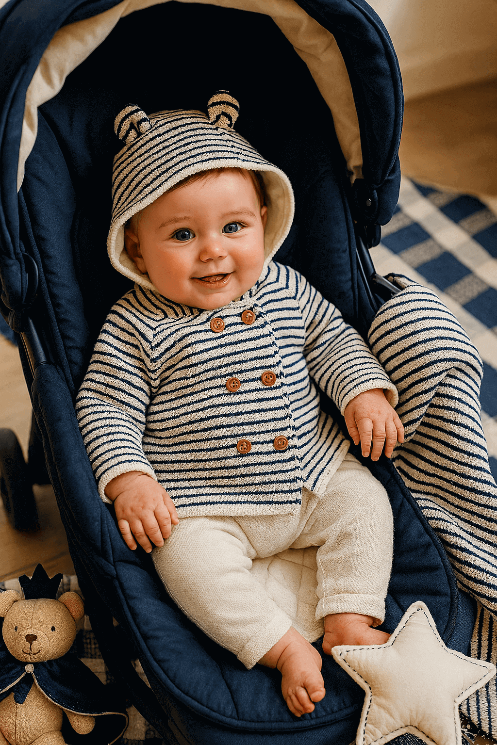 Baby Navy Pinstripe Buttoned Cardigan with Hood - 100% Cotton Knit (0-12 Months)