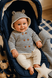 Baby Navy Pinstripe Buttoned Cardigan with Hood - 100% Cotton Knit (0-12 Months)