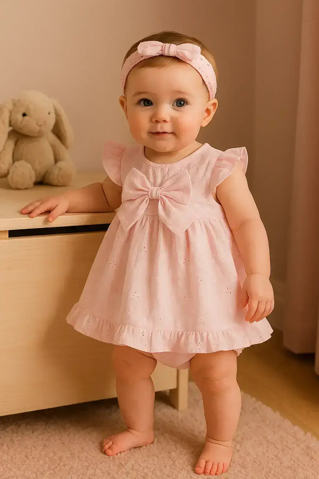 Baby Chikankari Floral Lace Empire Dress 3-Piece Set - White/Pink Cotton with Bow Headband & Bloomers