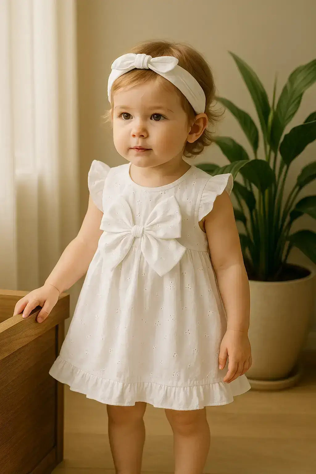 Baby Chikankari Floral Lace Empire Dress 3-Piece Set - White/Pink Cotton with Bow Headband & Bloomers