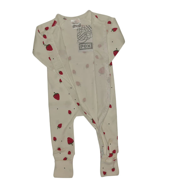 White cotton babygrow with red strawberry print and front zip detail on a white background