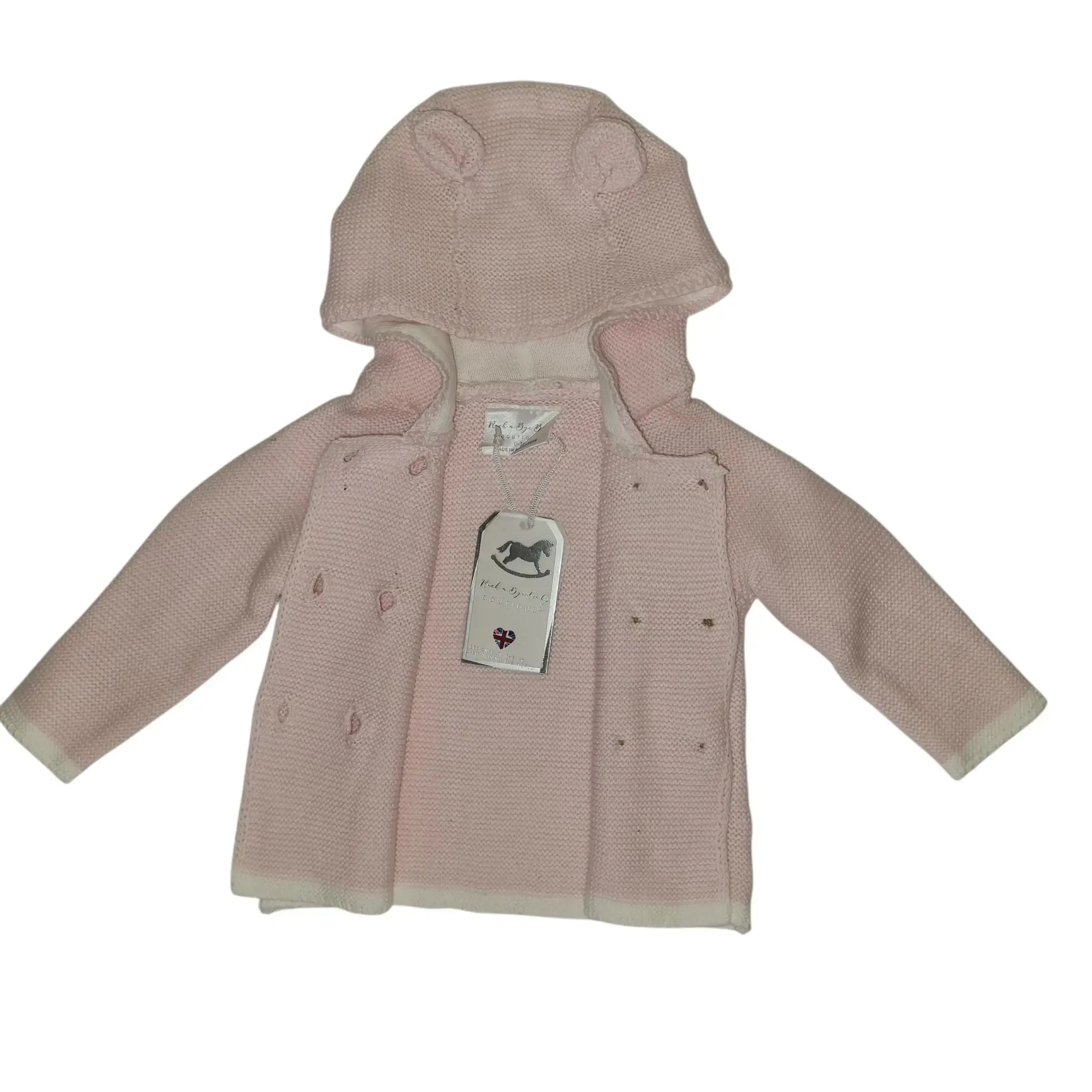 Pink cotton baby open cardigan with a hood featuring little ears, displayed on a white background