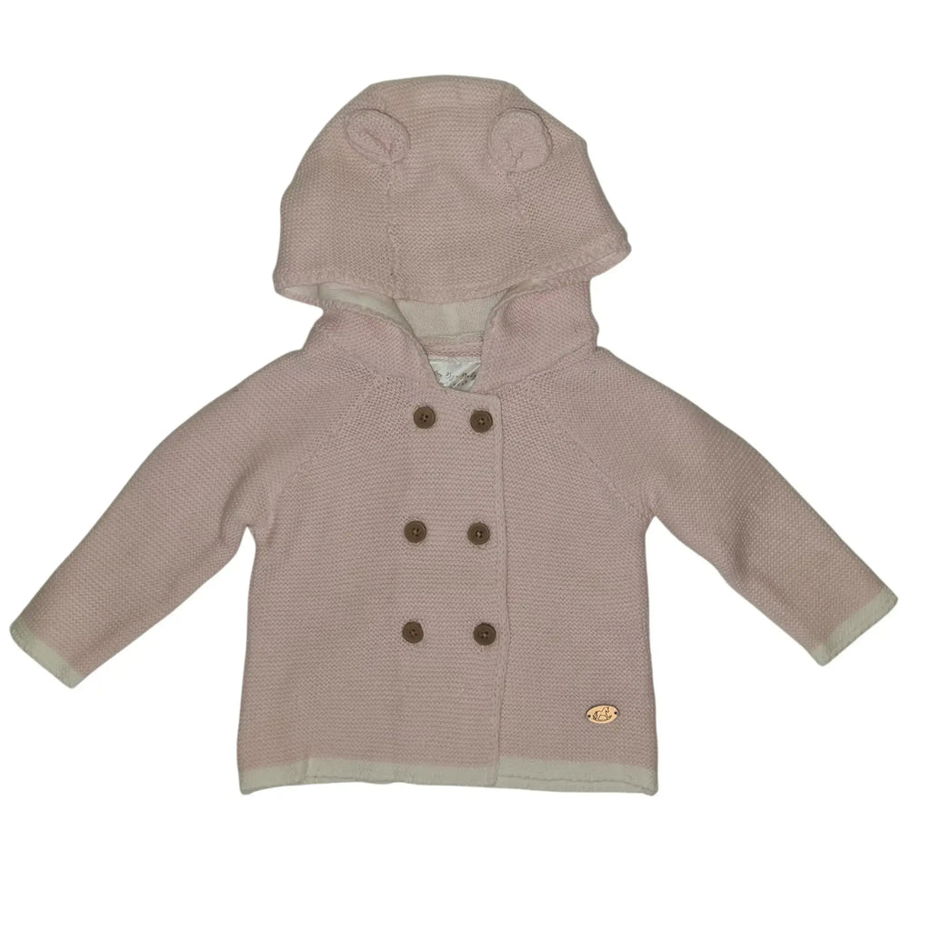 Pink cotton baby cardigan with hood, little ears, and button fastening on a white background