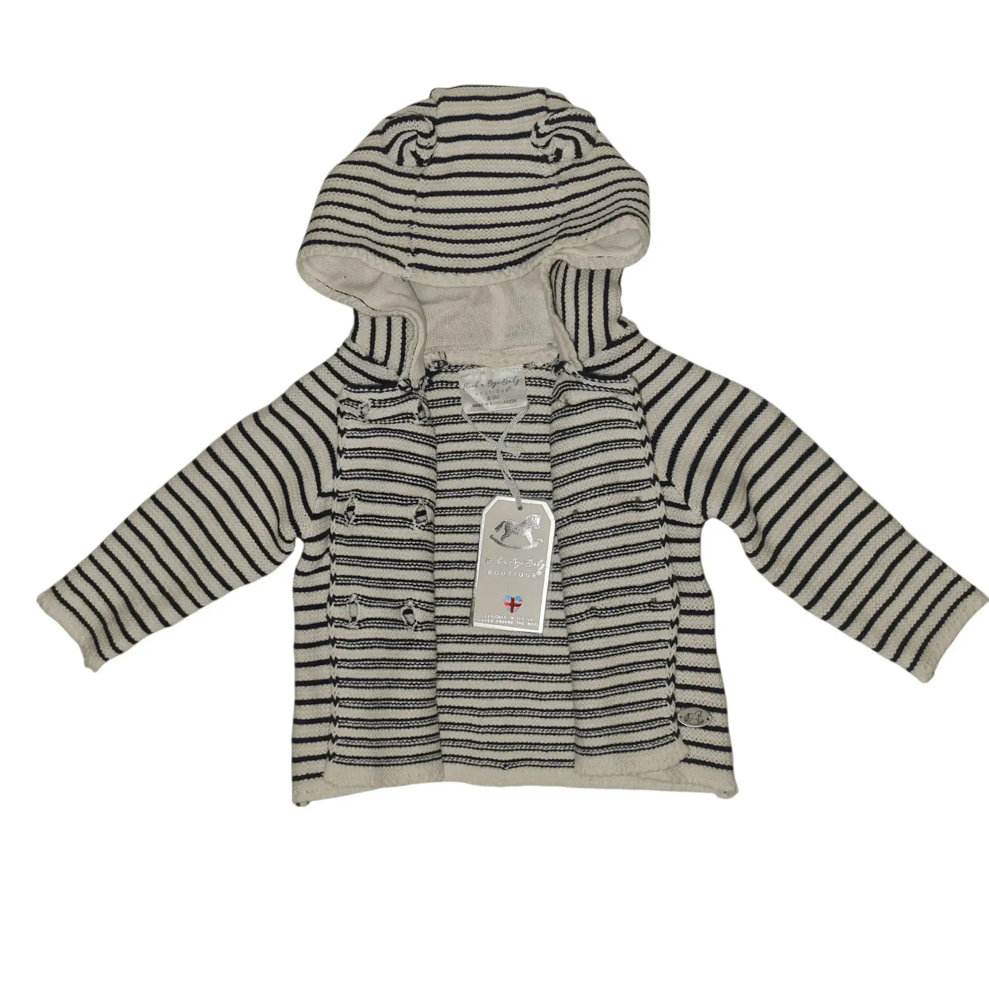 Striped cotton baby cardigan with hood and little ears, shown open on a white background