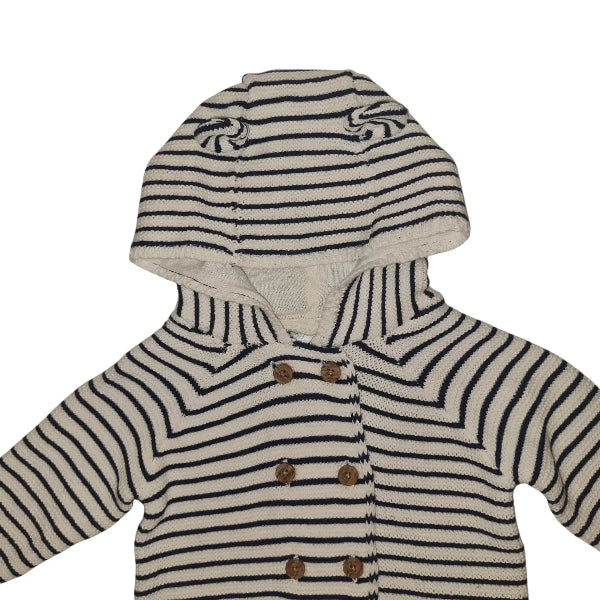 Closer look of striped cotton baby cardigan with hood and little ears, buttoned up on a white background
