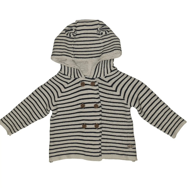 Full view of striped cotton baby cardigan with hood and little ears, buttoned up on a white background