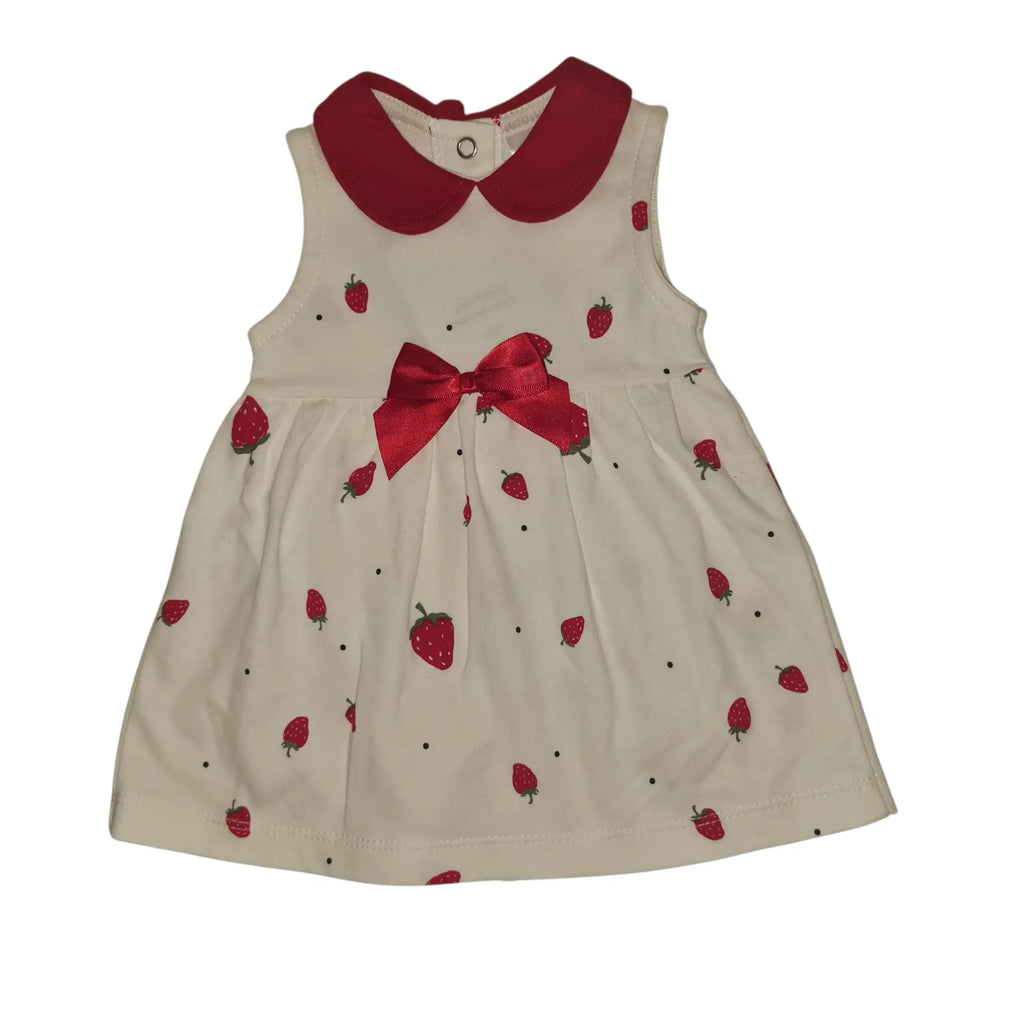 Full front view of white cotton baby dress with red collar, red bow, strawberry print, and snap button fastening, on a white background