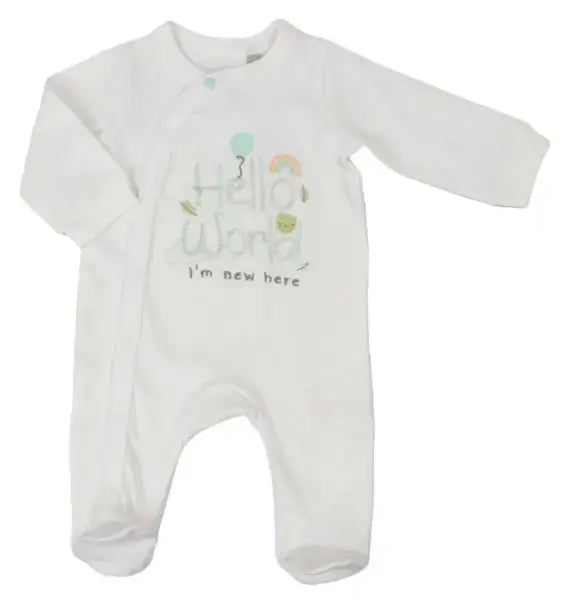 White cotton baby grow with long sleeves and footies, featuring “Hello World, I’m new here” text and playful graphics on a white background
