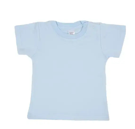 Cotton Baby light blue cotton t-shirt with snap-on buttons on the shoulder, displayed on a white background