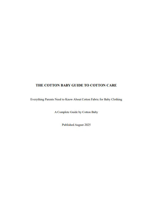 Cover page of "The Cotton Baby Guide to Cotton Care," a complete guide for parents on cotton fabrics and baby clothing, published by Cotton Baby in August 2025