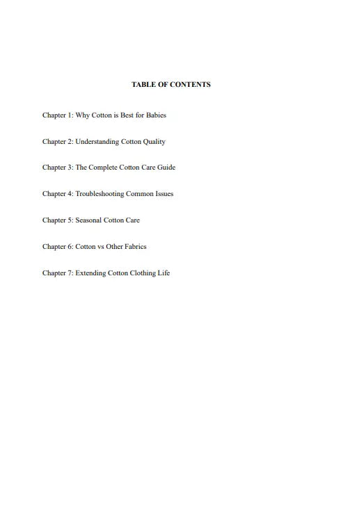 Table of contents from a digital book about cotton care, including chapters on cotton quality, care tips, seasonal guidance, and extending clothing life