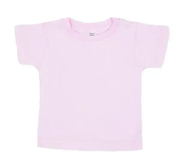 Light pink cotton baby t-shirt with snap fasteners on the shoulder, displayed on a white background
