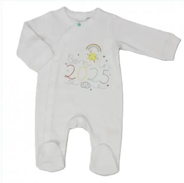 White cotton baby grow with “Born in 2025” embroidery, rainbow, sun, and cloud design, displayed on a white background. Cotton Baby product