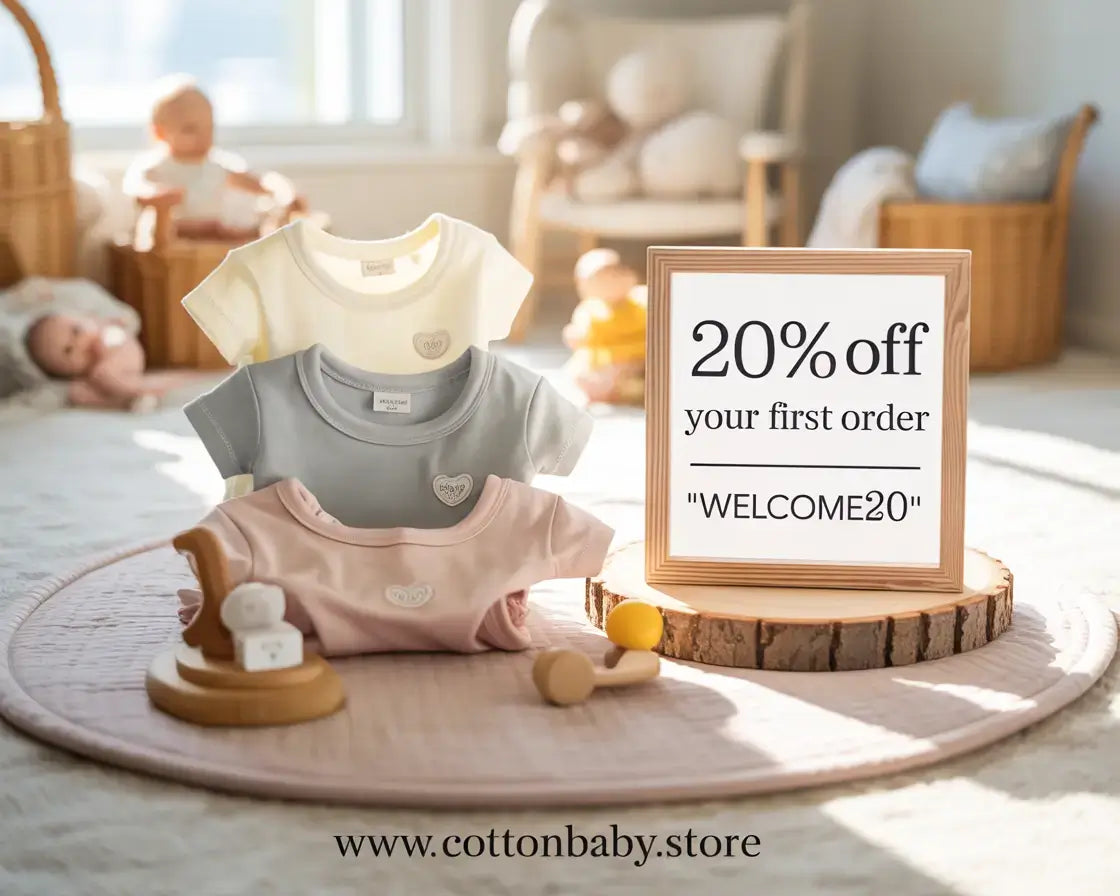 Three cotton baby grows in ivory, grey, and pink displayed on a wooden tray with natural wooden toys, alongside a framed “20% off your first order – WELCOME20” sign, with the store link www.cottonbaby.store
 in a bright nursery settin