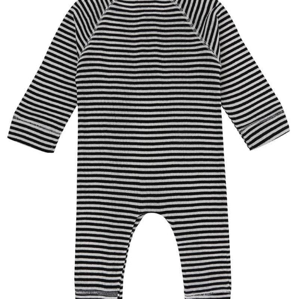 Black and white striped baby playsuit on a white background