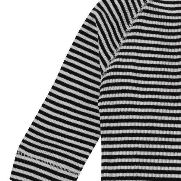 Black and white striped long-sleeve playsuit on a white background