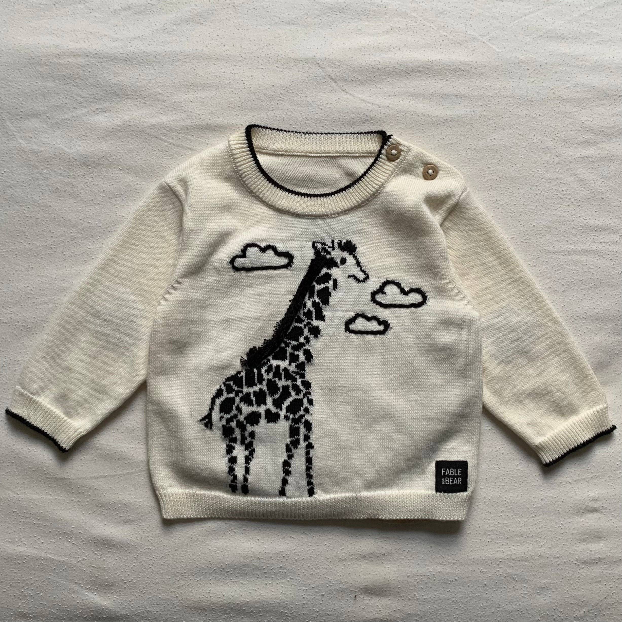 Children's jumper/sweater with a giraffe design on a light gray background