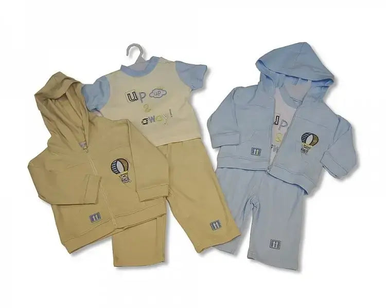 Set of two cotton baby outfits with hoodies — one in beige and one in light blue, each with matching trousers and printed t-shirt, displayed on a white background