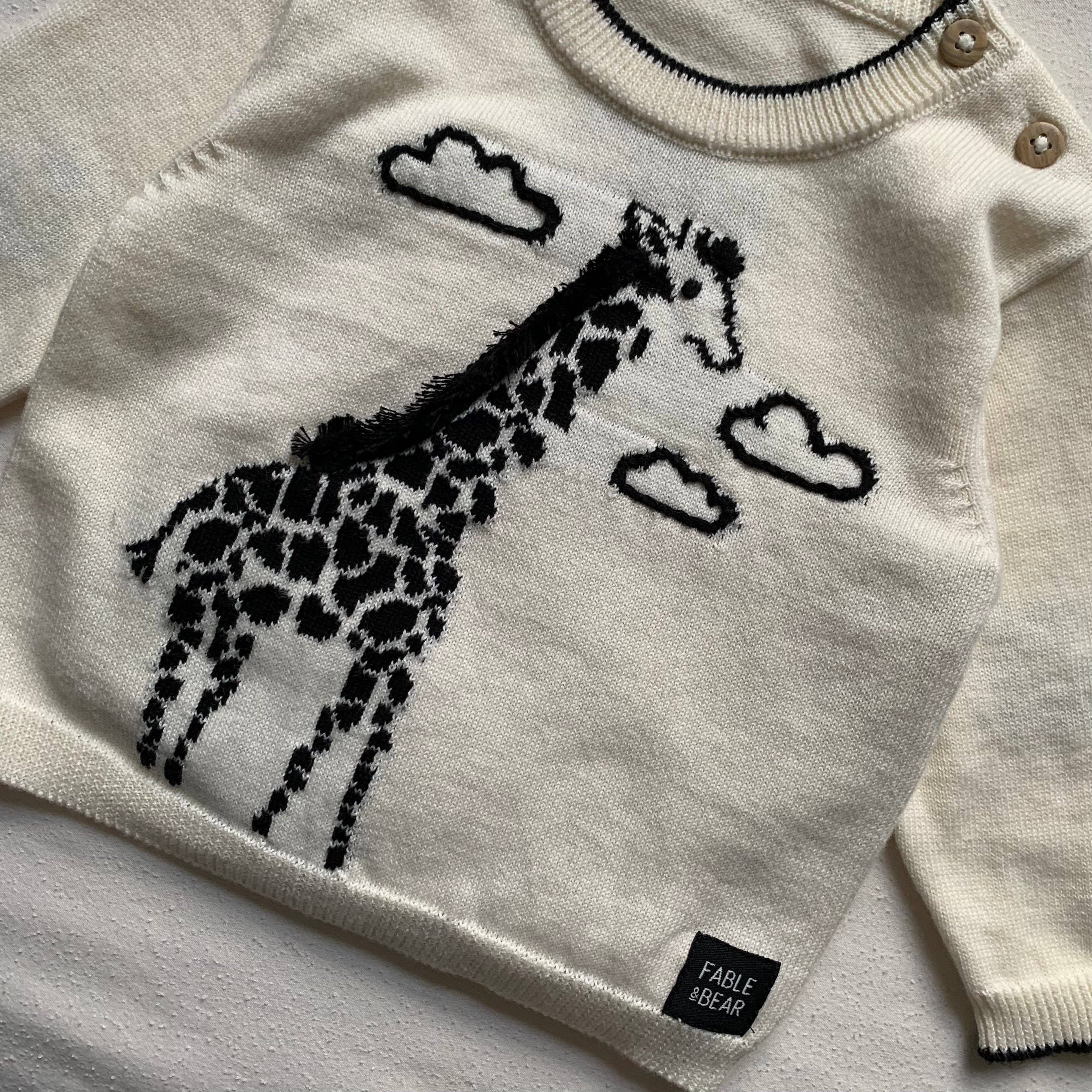 White jumper/sweater with black giraffe design and cloud shapes, brand 'PAALE BEAR' visible.