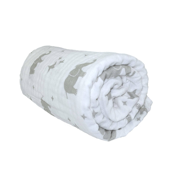 Rolled-up blanket with gray star pattern on a white background