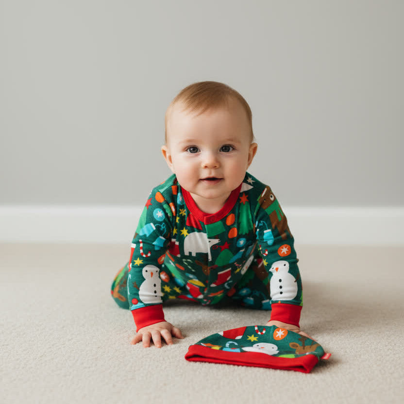 Baby wearing a festive onesie with snowmen and trees, sitting on a light-colored floor.