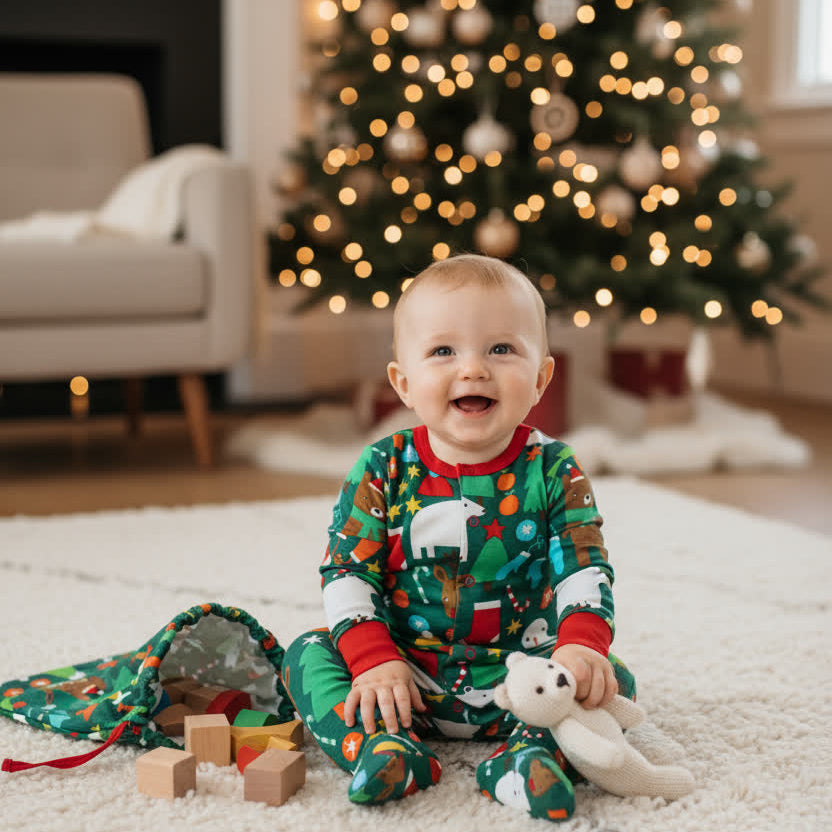 Child in festive pajamas sitting on a carpeted floor with a decorated Christmas tree in the background.