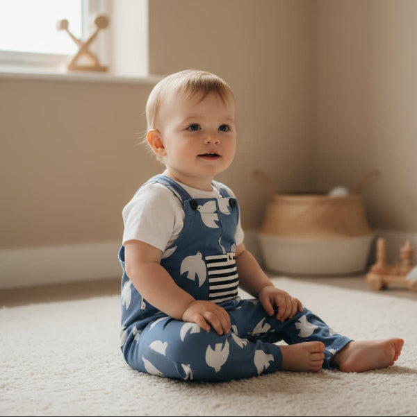 Baby sitting on a carpeted floor wearing blue overalls with white patterns.