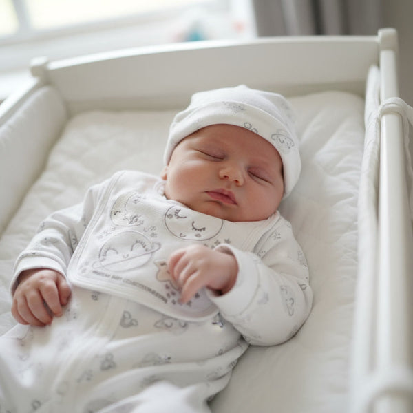 Baby wearing hat, bib and sleepsuit, sleeping in a crib