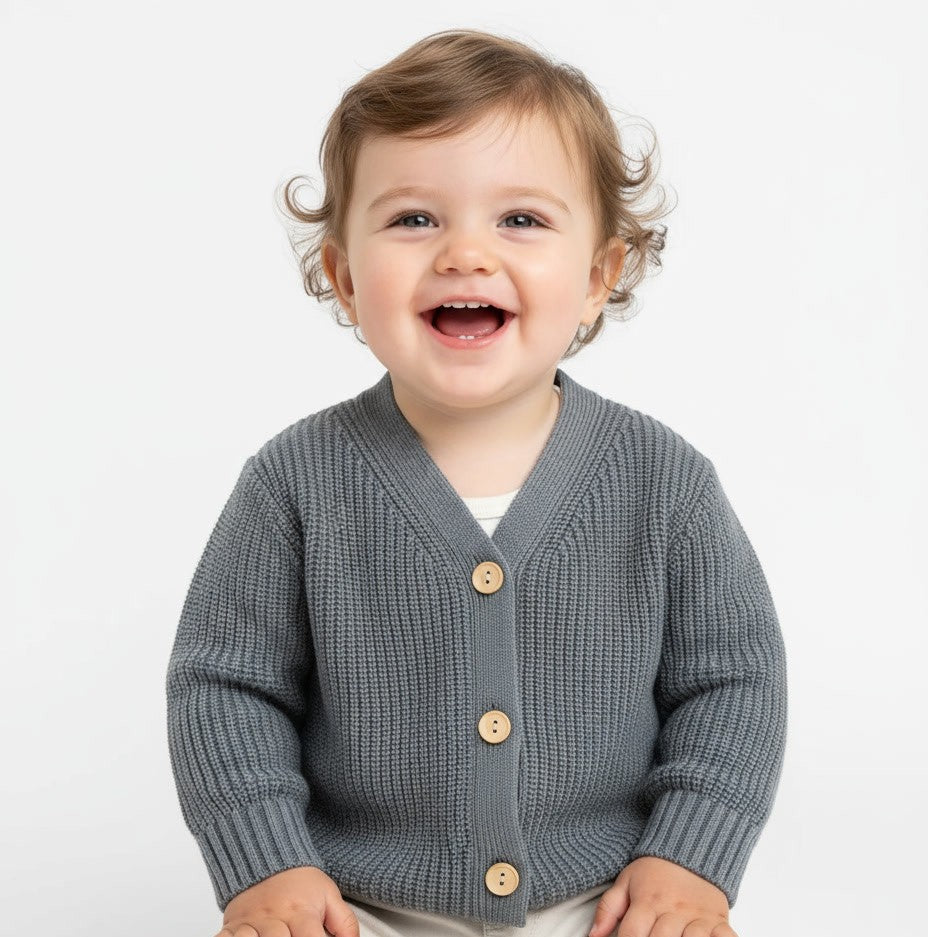 Child wearing a gray cardigan with wooden buttons on a white background