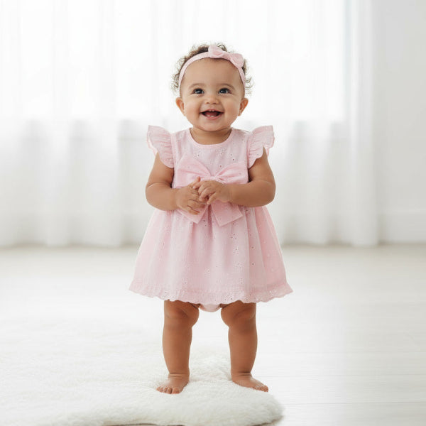 Baby in a pink dress standing on a white rug with a white background