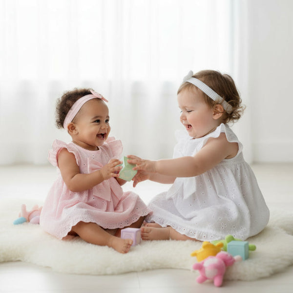 Two young children in dresses sitting on a white rug with toys around them.
