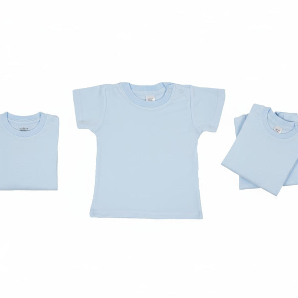 Light blue t-shirts of different sizes on a white background