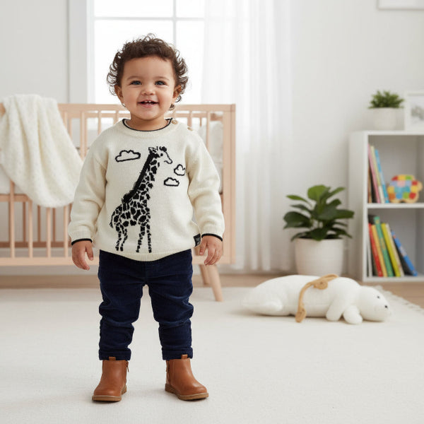 Child wearing a sweater with a giraffe design in a bright room.