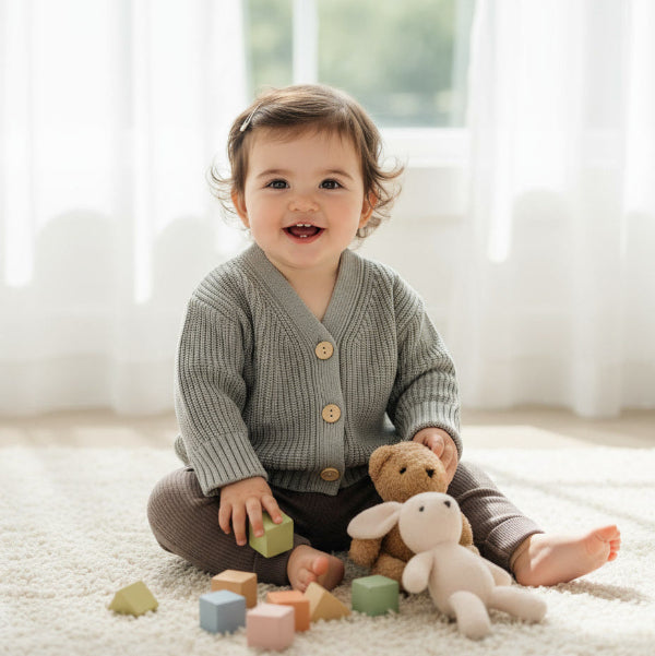 Child sitting on a carpet with toys and a teddy bear, smiling.