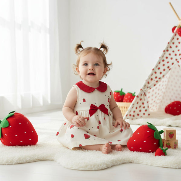 Baby in a red and white dress surrounded by strawberry-themed toys and decorations.