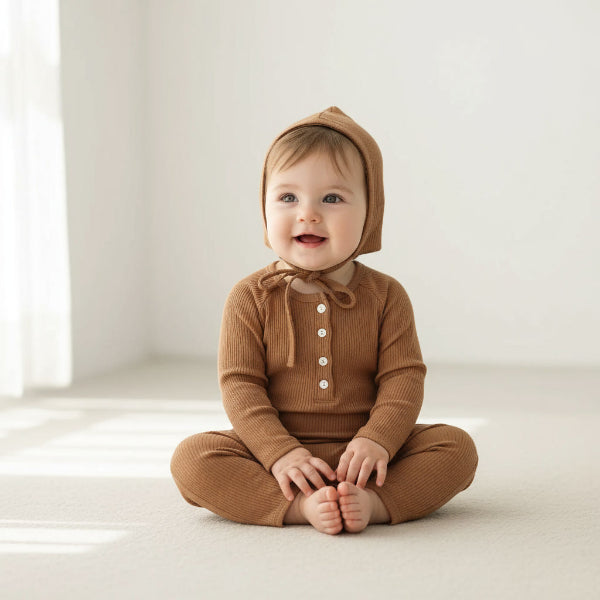 Baby wearing a brown outfit with a hood on a white background