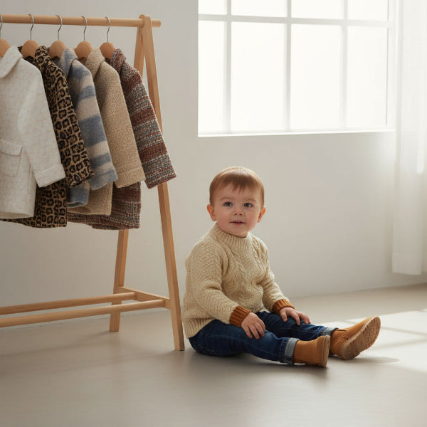 Child sitting on the floor next to a rack of clothes in a bright room