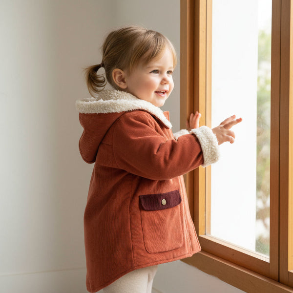 Child in a brown coat looking out a window