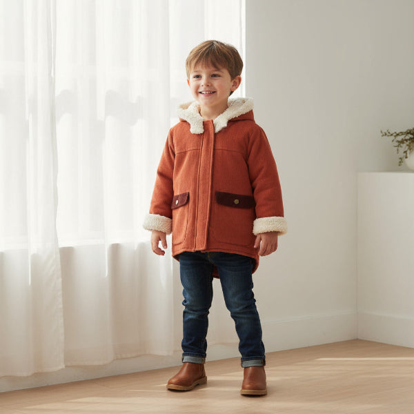 Child wearing a brown coat with white fur trim indoors