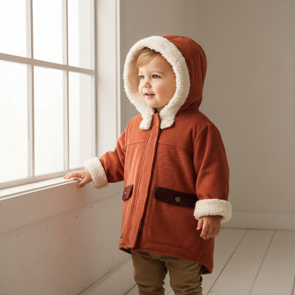 Child wearing a brown coat with white fur trim standing by a window.