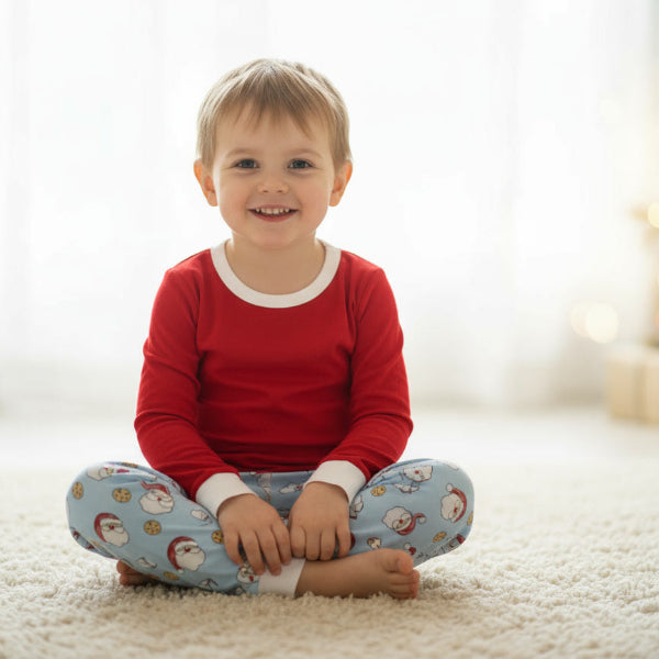 Child wearing red pajama top and blue pants with Santa Claus pattern sitting on a carpeted floor.