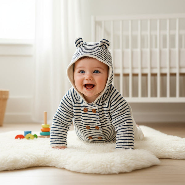 Baby wearing a striped hoodie with bear ears, sitting on a white rug in a nursery.