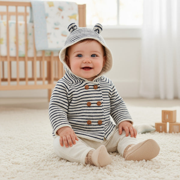 Baby wearing a striped outfit with a hood in a nursery setting