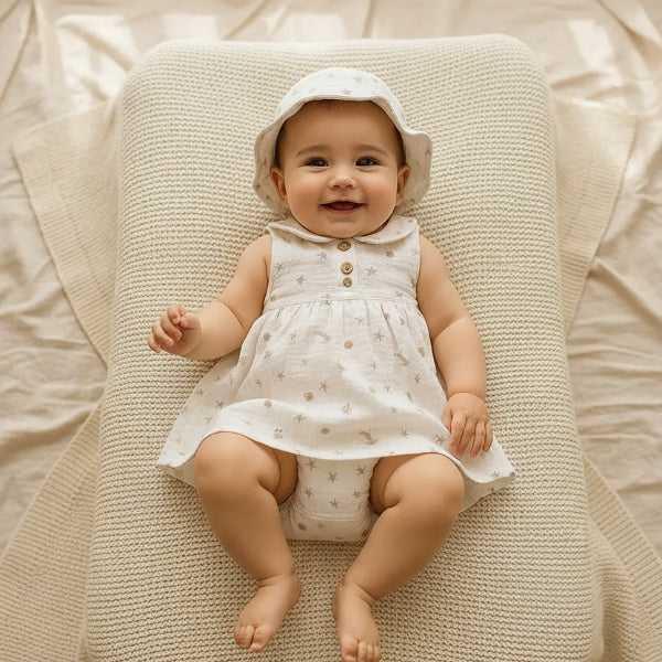 Baby in a white dress and hat lying on a textured pillow on a bed.