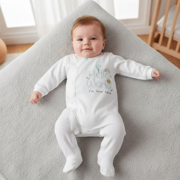 Baby wearing a white onesie with text, lying on a soft surface.