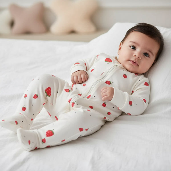 Baby wearing a white onesie with red strawberry patterns, lying on a white bed.