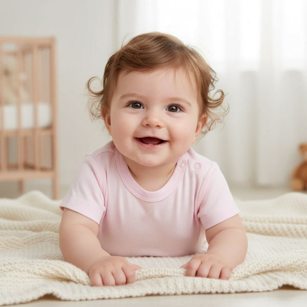 Baby in a pink shirt lying on a white blanket in a nursery