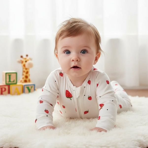 Baby in a strawberry-patterned onesie on a white surface with colorful blocks in the background
